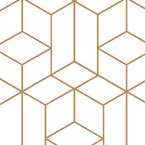 May include: A seamless pattern of overlapping geometric shapes in a gold color on a white background. The pattern is made up of squares and rectangles that create a three-dimensional effect.