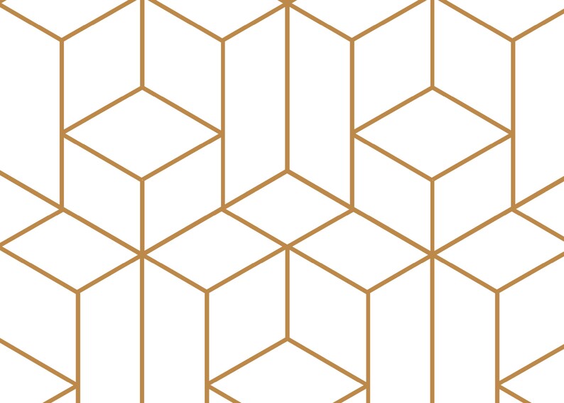 May include: A seamless pattern of overlapping geometric shapes in a gold color on a white background. The pattern is made up of squares and rectangles that create a three-dimensional effect.