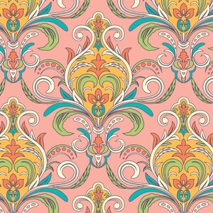 May include: A seamless pattern with a damask design in shades of yellow, orange, green, and blue on a pink background.
