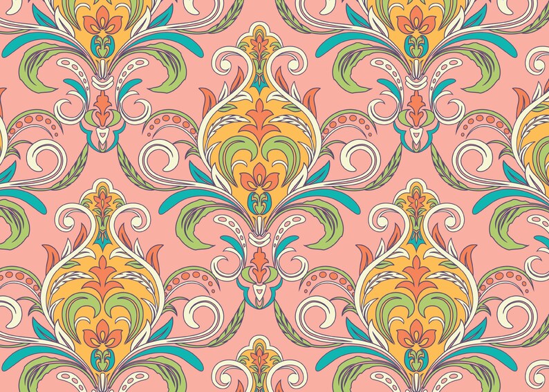 May include: A seamless pattern with a damask design in shades of yellow, orange, green, and blue on a pink background.