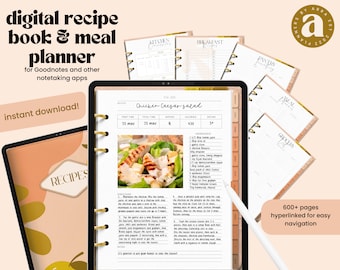 May include: A digital recipe book and meal planner for Goodnotes and other notetaking apps. The image shows a tablet displaying a recipe for Chicken Caesar Salad. The tablet is surrounded by other pages from the planner, including sections for kitchen, breakfast, pantry, meal planning, and grocery lists. The text "600+ pages hyperlinked for easy navigation" is visible in the bottom right corner.