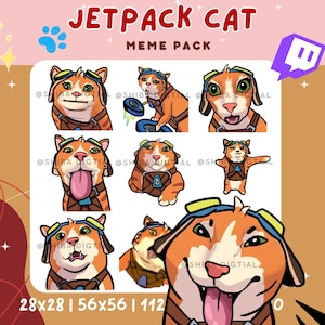 以下が含まれることがあります： 「Jetpack Cat」というタイトルのデジタルアートミームパック。オレンジと白の漫画の猫が、飛行士用ゴーグルとジェットパックハーネスを身に着けています。パックには、さまざまな表情やポーズが含まれており、Twitchのロゴが付いています。