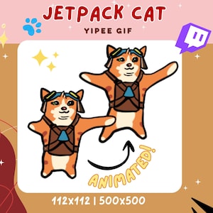 以下が含まれることがあります： ジェットパックと飛行士ゴーグルを着用した漫画の猫のアニメーションGIF。猫はオレンジと白で、茶色のハーネスを着用しています。「JETPACK CAT」と「YIPEE GIF」の文字が表示されています。「ANIMATED！」という文字も表示されています。