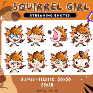 Emotes de Twitch de Squirrel Girl Rivals / Descarga digital divertida, peculiar y heroica para streamers, Discord, YouTube ¡Paquete de 3 tamaños + 8 emoticones!