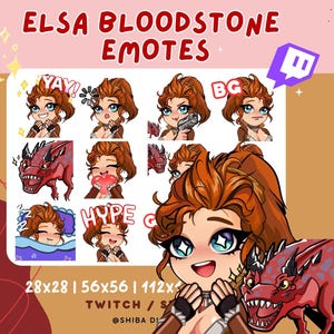 May include: Digital art featuring Elsa Bloodstone emotes for Twitch. The emotes include various expressions and a red dragon. The text "ELSA BLOODSTONE EMOTES" is displayed at the top. The image has a brown and tan background.