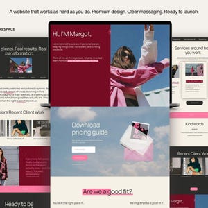 May include: A laptop displaying a Squarespace website design with the text "Real clients. Real results. Real transformation." and "Hi, I'm Margot." The website showcases a clean, modern design with images and text, promoting services and client work.