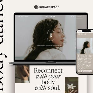 May include: A laptop and smartphone display a website design with the word "OCEANE" and a woman's image. The text "Reconnect with your body with soul" is also visible. The Squarespace logo is in the top right.