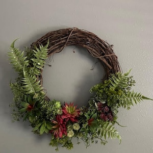 17&quot; Grapevine wreath with faux mixed succulents, farmhouse wreath, succulent wall decor