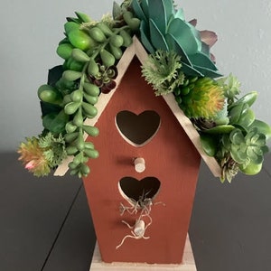 Wooden Birdhouse with Succulent Covered Roof, Faux Succulent Display, Gift for Bird Lover, Rustic Decor, Kitchen Decor