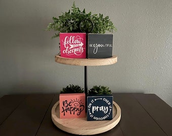 3.5" Square Wood Word Blocks with Various Sayings, Tiered Tray Decor, Shelf Sitter