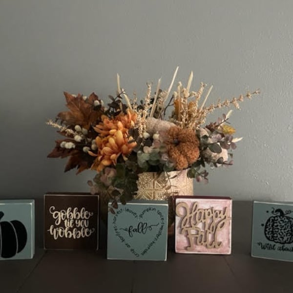 3.5" Square Wood Word Blocks with Various Fall/Autumn/Thanksgiving Sayings