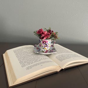 Floral Demitasse Cup with Faux Flower Arrangement and Matching Saucer: Table Decor