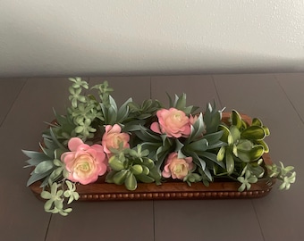 Faux Succulent Arrangement: Wooden Tray Table Centerpiece