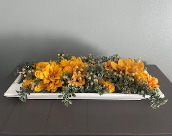 Farmhouse Floral Centerpiece: Distressed White Wooden Tray with Yellow Dahlias