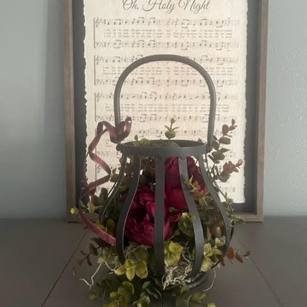 Rustic Black Lantern with Burgundy Cabbage Roses and Eucalyptus, Metal Candle Holder, Home Decor, Centerpiece