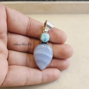 Blue Lace Agate Pendant, Larimar Pendant, 925 Sterling Silver Pendant, Handmade Pendant, Anniversary gift, Silver Jewelry, Gift for her,