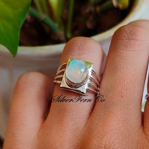 Minimalist Moonstone Ring: Handmade 925 Sterling Silver Boho Jewelry