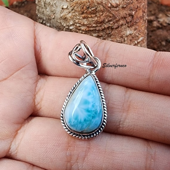 Handmade Larimar Pendant, 925 Sterling Silver, Teardrop