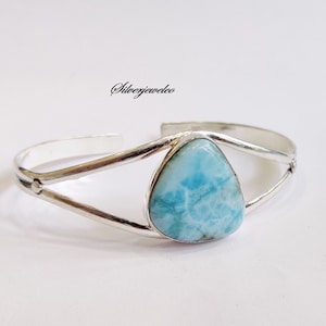 Blue Larimar Bangle, Handmade Bangle, Natural Larimar, 925 Sterling silver, Women Bangle, Gemstone Bangle, Bangle, Gift for her.