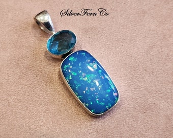 Australian Opal & Blue Topaz Pendant, 925 Sterling Silver, Handmade