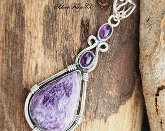 Handmade Charoite & Amethyst Pendant: 925 Sterling Silver Necklace