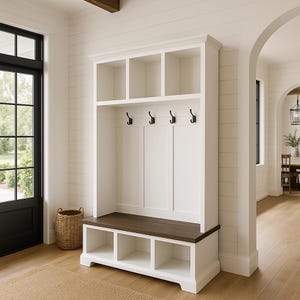 Custom Handmade Solid Wood Mudroom Hall Tree Cabinet – Bench, Coat Hooks & Shoe Storage