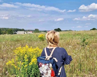 Recycled denim square backpack, Handmade backpack for women, Old jeans blue  rucksack, Boho style bag