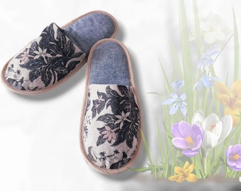 Handmade slippers for women, Linen guest slippers, Travel slippers, Non slip organic slippers, Indoor washable footwear, Hotel eco slippers