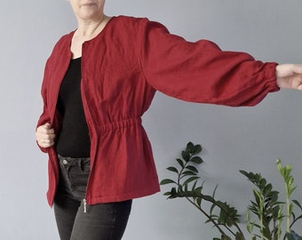 Lightweight linen jacket with a zipper for women, Natural cropped jacket, Short blazer with pockets