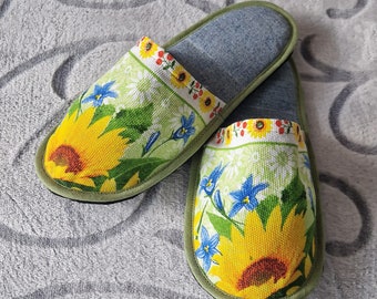 Handmade Linen Slippers: Floral Organic Non-Slip Washable Footwear