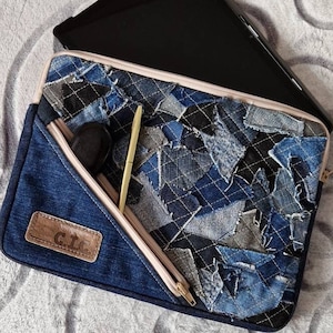 Patchwork denim tablet sleeve, Travel document holder, Jeans computer bag, Casual denim iPad bag for college, Recycled jeans
