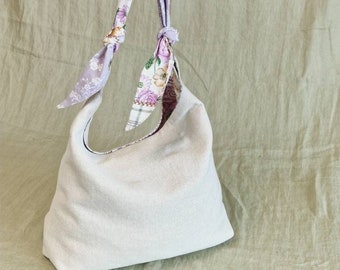 Leinen Boho Tasche, Wendetasche Schultertasche mit Blumen, Handgemachte Hobo Tasche, Helle Farbe Handtasche