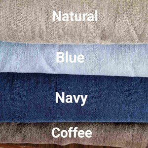May include: Close-up of four fabric swatches in shades of Natural, Blue, Navy, and Coffee. The names of the colors are displayed in white text over each swatch. The fabrics appear to be linen or a similar woven material.