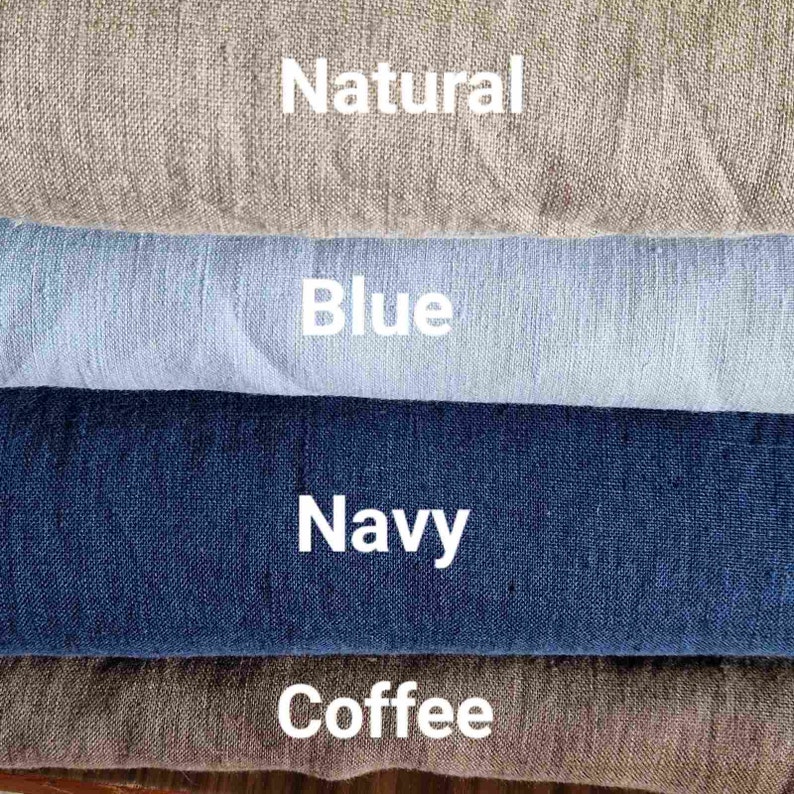May include: Close-up of four fabric swatches in shades of Natural, Blue, Navy, and Coffee. The names of the colors are displayed in white text over each swatch. The fabrics appear to be linen or a similar woven material.