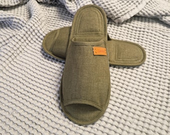 Linen Open-Toe Slippers, Soft Non-Slip Felt Sole, Breathable and Lightweight Home Shoes, Eco traveling slippers, Slippers for Guests