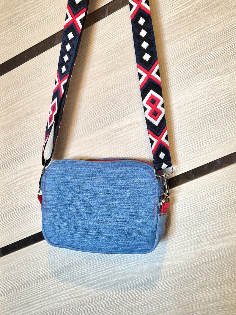 Denim Bag, Crossbody Bag, Small Canvas Messenger Bag, Red Blue Denim ...