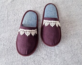 Handmade linen  slippers for women, Indoor organic shoes, Canvas guest slippers with lace, Traveling slippers, Non slip organic slippers