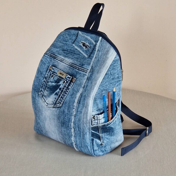 Women denim backpack, Jean medium  rucksack for mom, Recycled  denim backpack, Custom backpack for walking, Gift for teenager, Beach pack