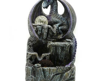 Fuente de agua de sobremesa - 35 cm - Dragón morado, bola de cristal y rueda de agua