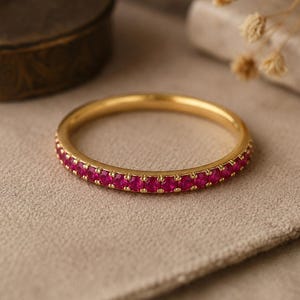 Ruby Eternity Ring, Round Ruby Wedding Band, Dainty Gold Stacking Ring, July Birthstone Jewelry, Anniversary Gift for Her
