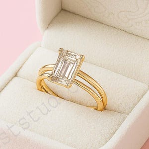 Emerald Cut dubbele band ring, solitaire moissaniet kleurloze diamanten ring, 14K massief gouden ring, handgemaakte verjaardagsring, cadeau voor haar