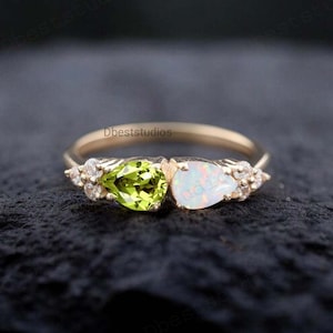 Vintage Opal & Peridot Ring, Diamond Cluster Engagement Ring, Bridal Promise Stacking Ring, Rose Gold Women Jewelry, October Birthstone Gift
