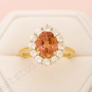 Vintage Oval Rosa Turmalin Verlobungsring, Art Deco feinen Schmuck Ring, Mondstein Halo Ring, 18k Gelbgold Brautring, Versprechen Geschenk