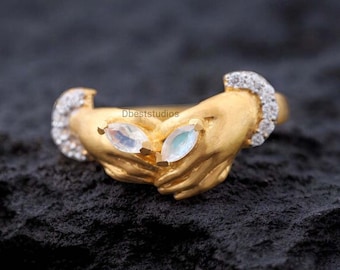 Natural Moonstone Hand Ring Ancient Magic Ring Roman Design Jewelry Rose Gold Diamond Rings Unique Design Hands Ring Best Friend Silver Ring