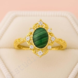 Natural Malachite Promise Ring, 18k Yellow Gold Jewelry, Art Deco Customized Ring, Anniversary Statement Gift For Wife Women&#39;s Delicate Ring