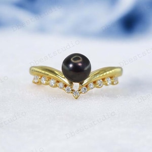 Natural Black Pearl Wedding Ring, Delicate Women CZ Diamond Stacking Ring, Yellow Gold Plated Bridesmaid Jewelry Promise Gift Ring For Women