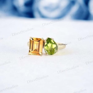 Emerald Cut Citrine Promise Ring Delicate Women Wedding Ring 14k Solid Gold Personalized Jewelry Vintage Peridot Statement Ring Gift For Her