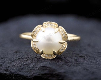 Pearl Engagement Ring, 18k Rose Gold Floral Ring, Women's Diamond Wedding Ring, Freshwater Pearl June Birthstone Ring, Brides Gift