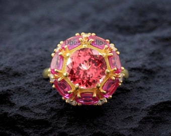 Elegant Pink Tourmaline Women Ring Diamond Ruby Wedding Ring Unique Halo Statement Ring Yellow Gold Personalized Jewelry Gift For Wife