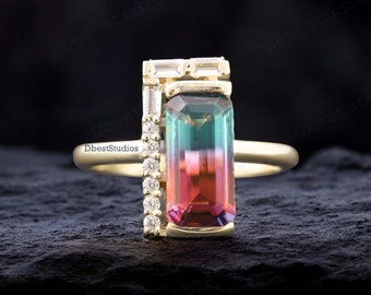 Emerald Cut Watermelon Tourmaline Promise Ring, Yellow Gold Plated, Diamond Promise Ring, Crystal Ring, Handmade Fine Jewelry Statement Ring